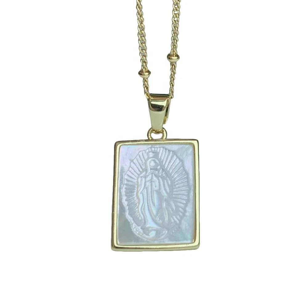 Our Lady of Guadalupe Square Mother of Pearl Pendant Gold Plated Catholic Religious Jewelry Necklace for Women Gift
