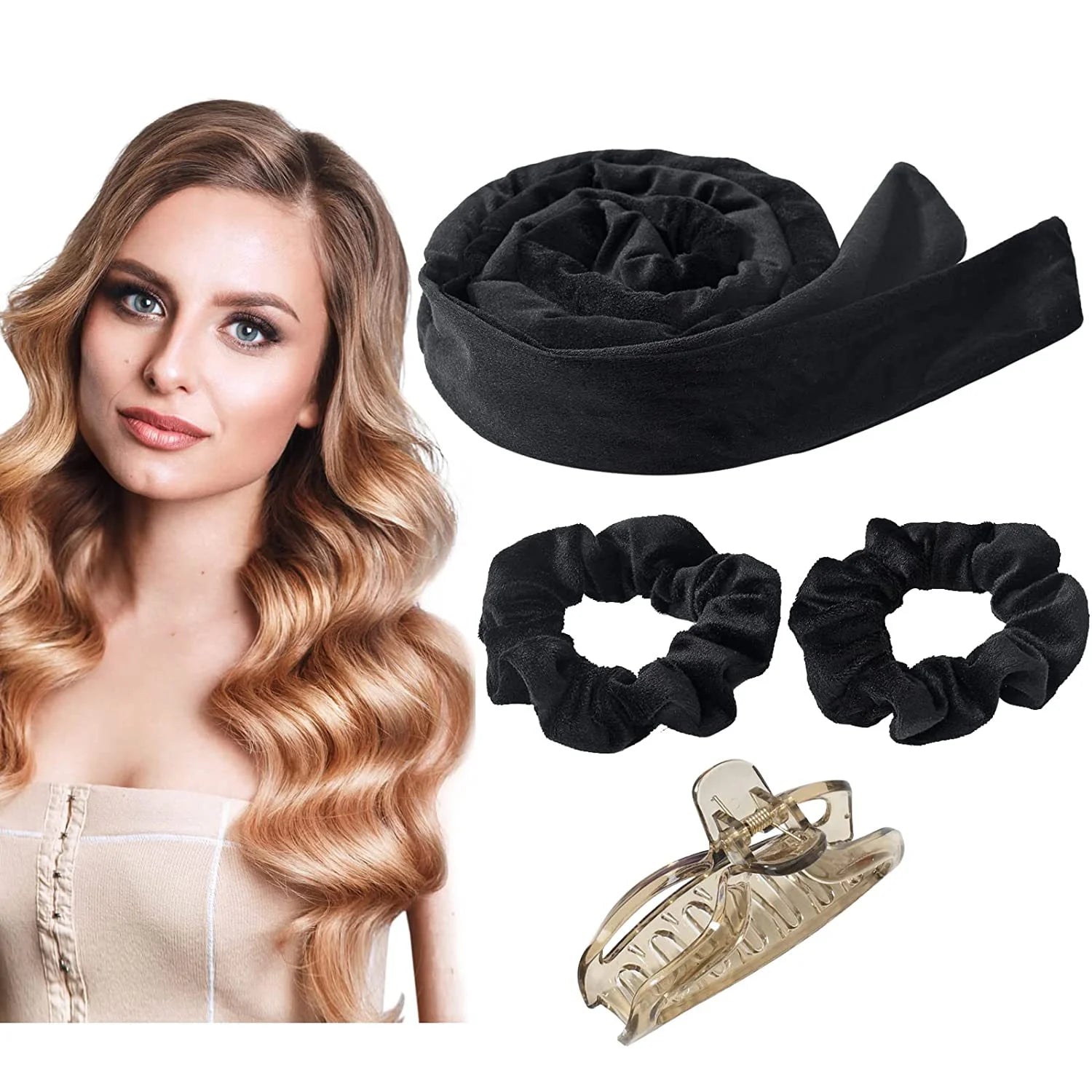 Heatless Hair Curler Headband Set for Long Hair Cotton/Polyester Velvet Curling Ribbon Hair Clips Soft Sleep Overnight 155cm