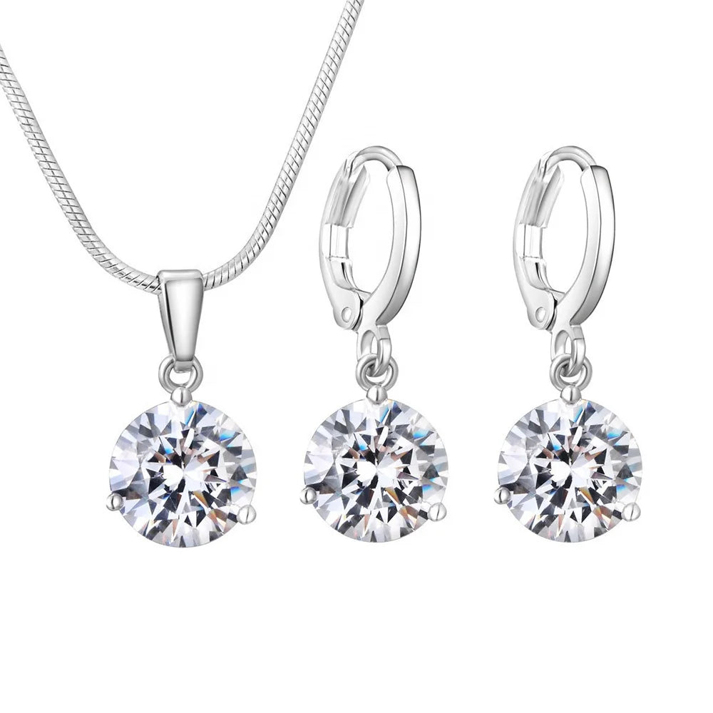 Fashion New High End Classic Bridal Wedding Platinum Plated Copper 8mm Round 3A+ Zircon Necklace and Earring Gift Sets