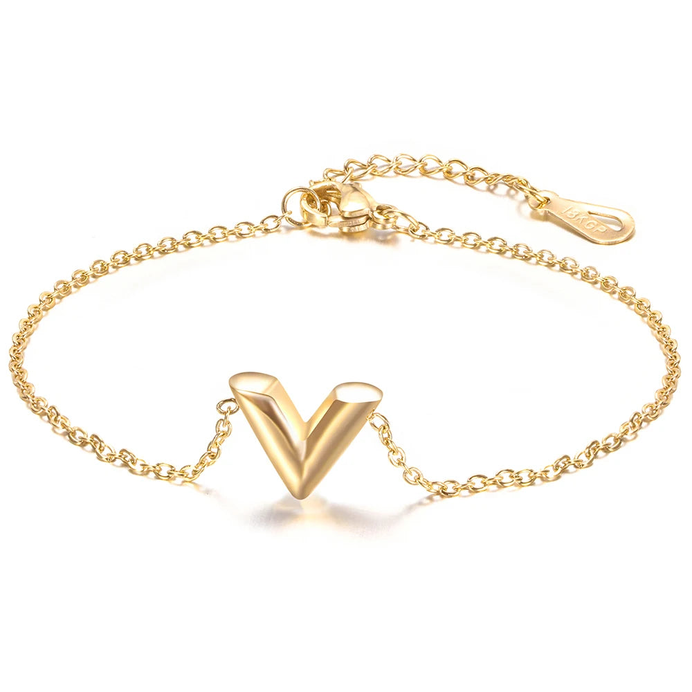 Triangle V Shape Letter Charm Bracelet for Women Couple Jewelry Gold Thin Chain & Link Bracelets