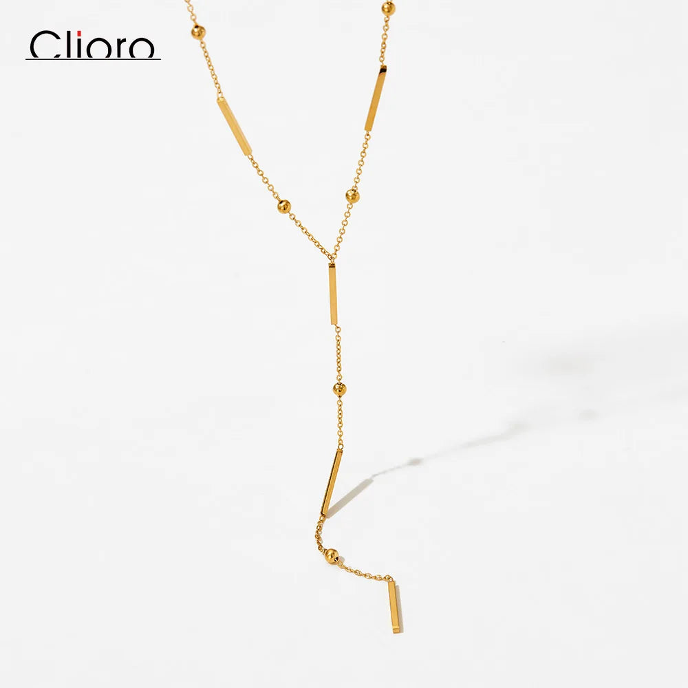 New Trend Gold Plated Stainless Steel Strand Chain Tassel Necklace Geometric Double Square Bar Y-shape