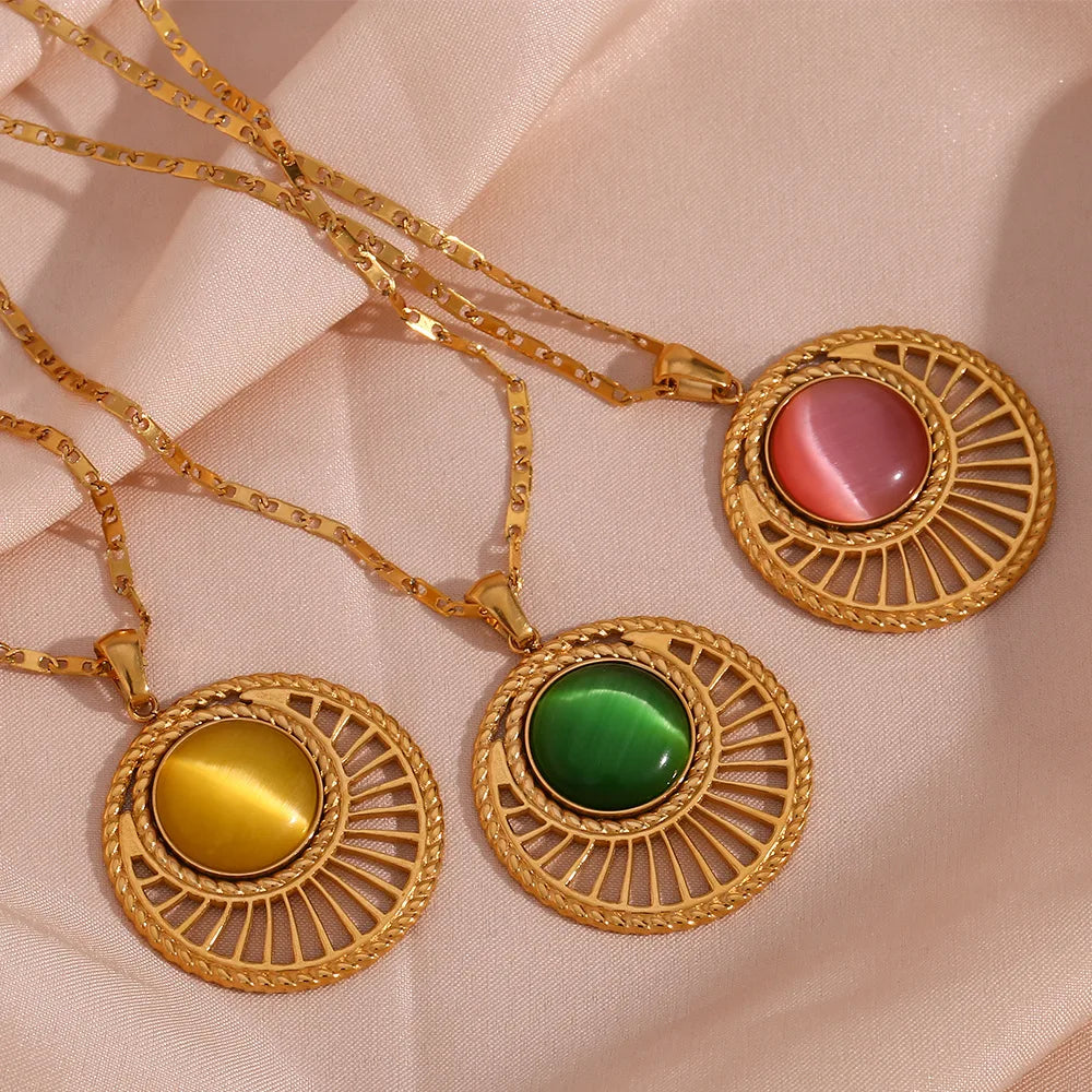 Retro Natural Gemstone Stainless Steel Pendant Necklace Trendy PVD 18K Gold Plated Natural Stone Pendant Necklace