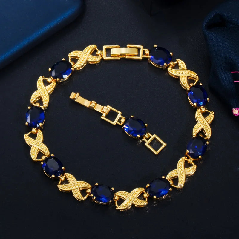 Classic Oval Cut Dark Blue Cubic Zirconia Stone Yellow Gold Bracelet Bangle for Women Fashion Hip Hop CZ Jewelry Gift