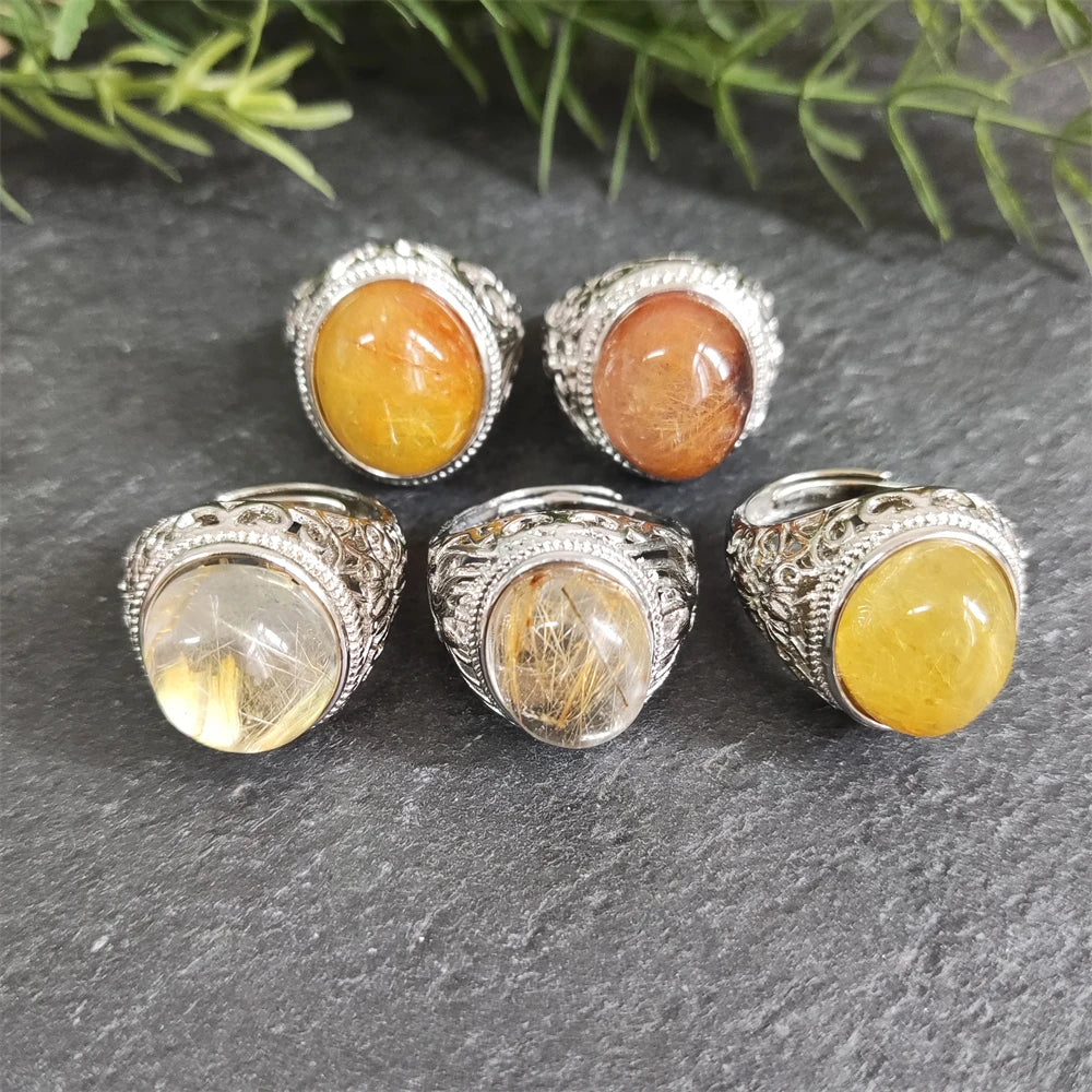Vintage Oval Shape Stone Silver Plated Chunky Rutilated Quartz Ring Classical Golden Hair Crystal Ring for Men Women Jewelry