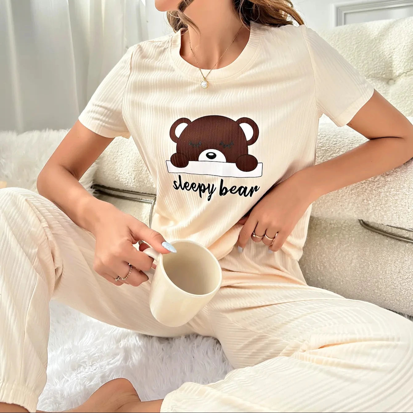 XYKrissas Spring Summer Ladies Lovely Sleepwear Pajama Sleepy Bear Printed Short Sleeve Pants Nightgown Lounge Wear Women Sets