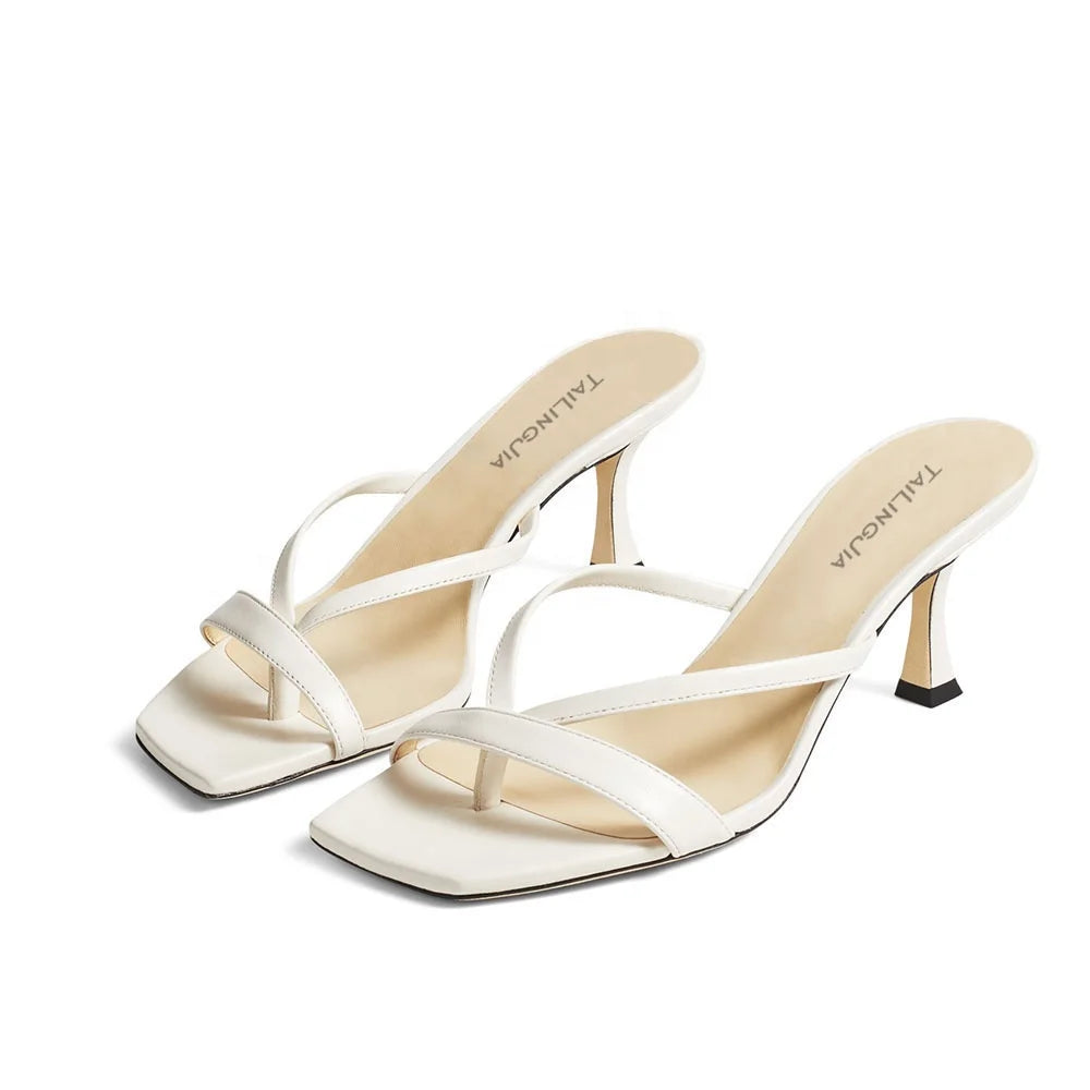 Summer Women's Square Mules Open Toe Mid Heel Simple Stylish White Spool Heel Sandals Large Size Flip Flops Slides