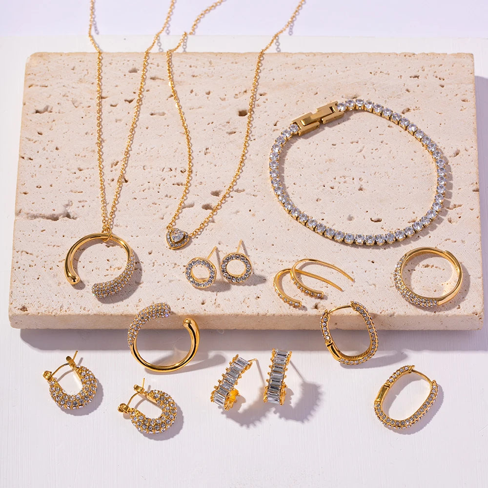 Waterproof 18k Gold Plated Stainless Steel Jewelry Zircon White  Necklace Set for Women