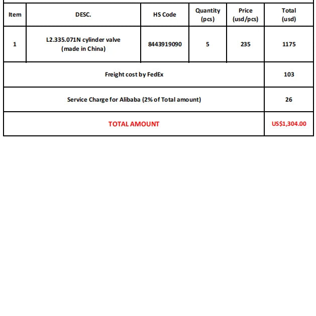 EM Payment Link for 5 Pcs L2.335.071N Cylinder Valve