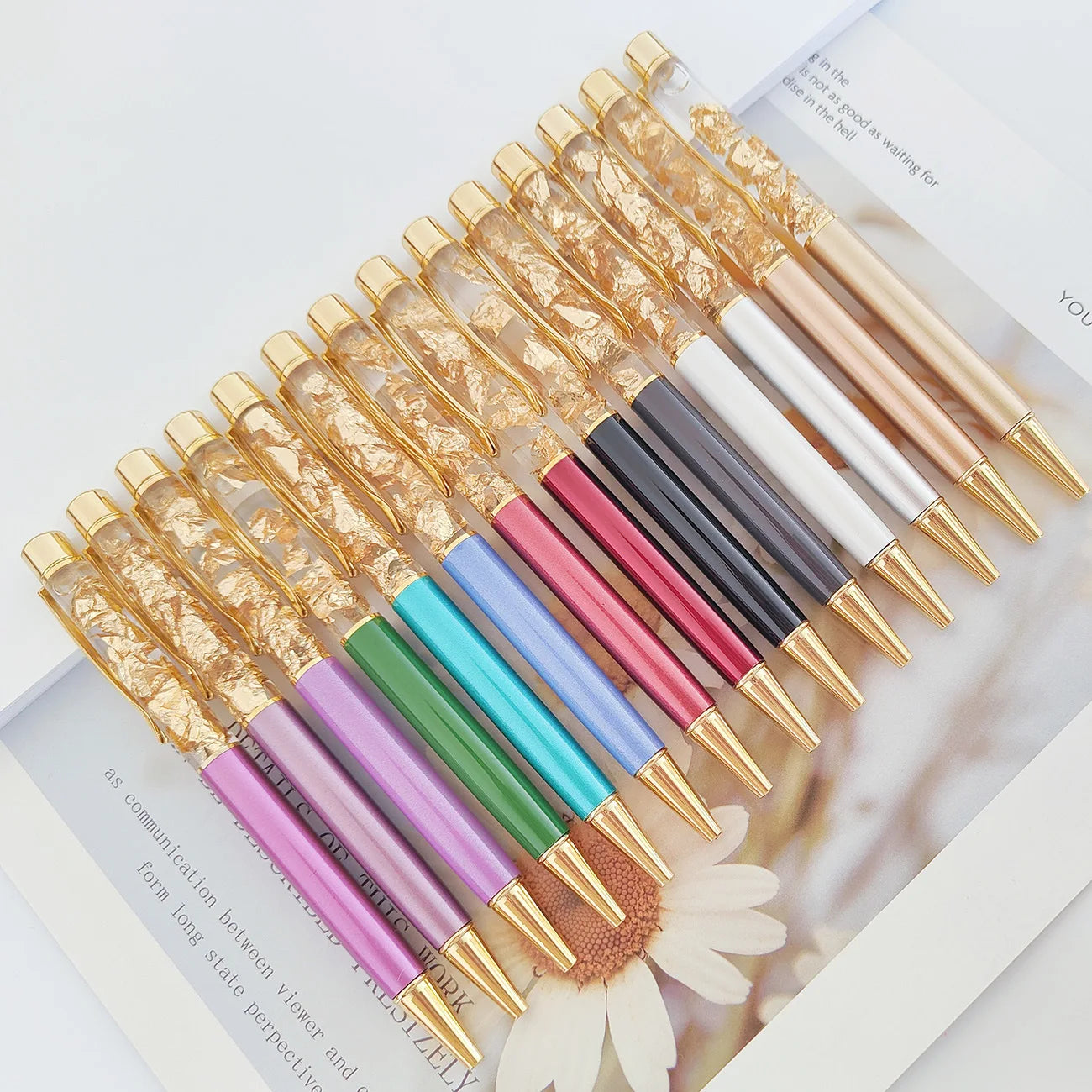 Gold Foil Paper Quicksand Colorful Sequin Powder Oil Logo Pen Dried Flower Advertising Gift Metal Ballpoint Animal Black Ink