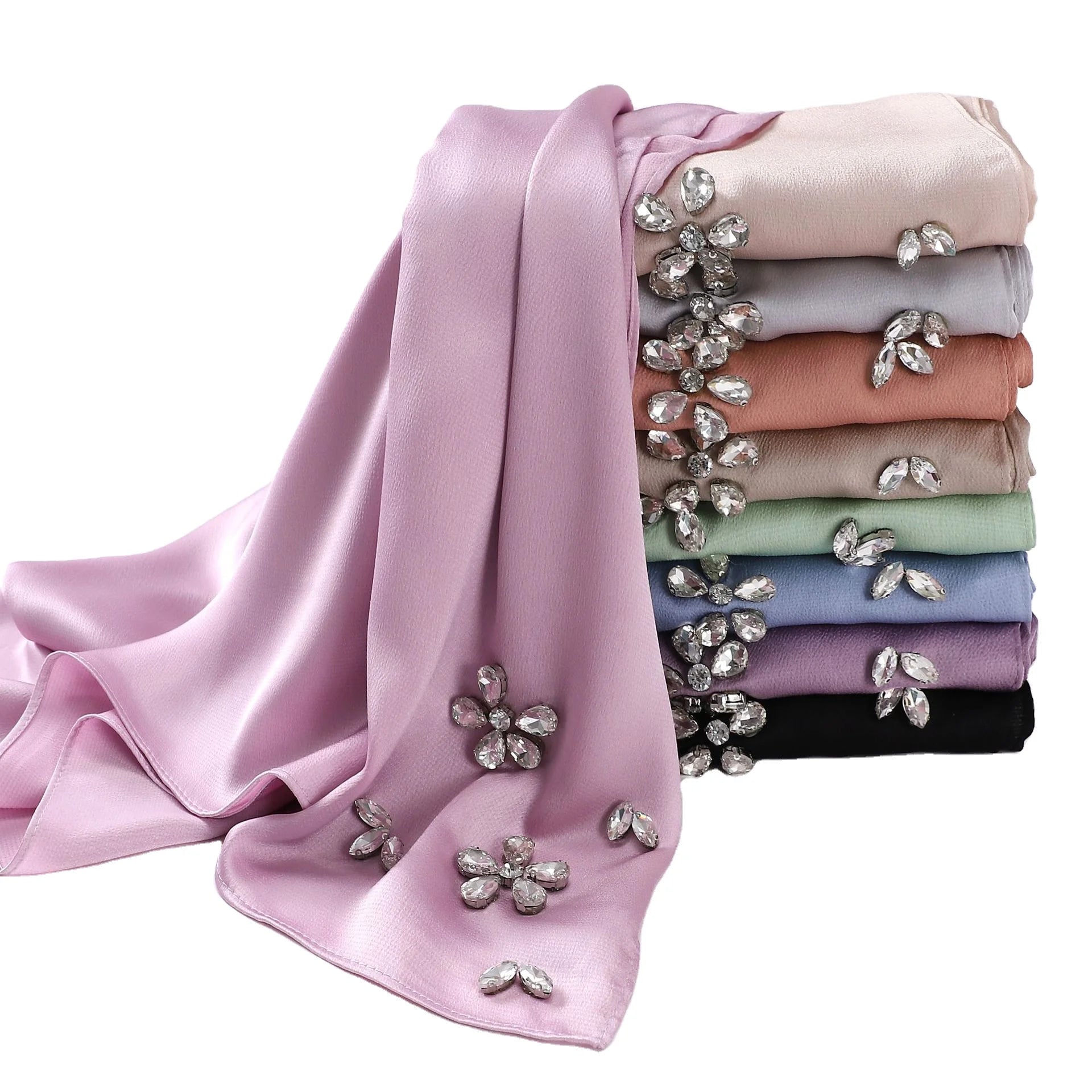 New High-density Pearl Chiffon Headscarf Handmade With Diamond Inlaid Long Shawl Malay Gauze Scarf Female Hijab