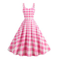 15753# Women's Vintage Pink Plaid Casual Summer Strapless Knee-Length A-Line V-Neck Belted Dress