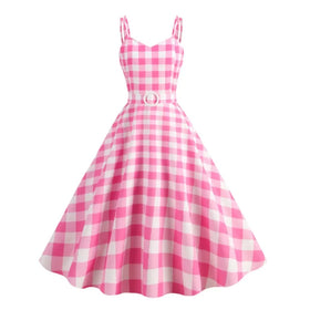15753# Women's Vintage Pink Plaid Casual Summer Strapless Knee-Length A-Line V-Neck Belted Dress