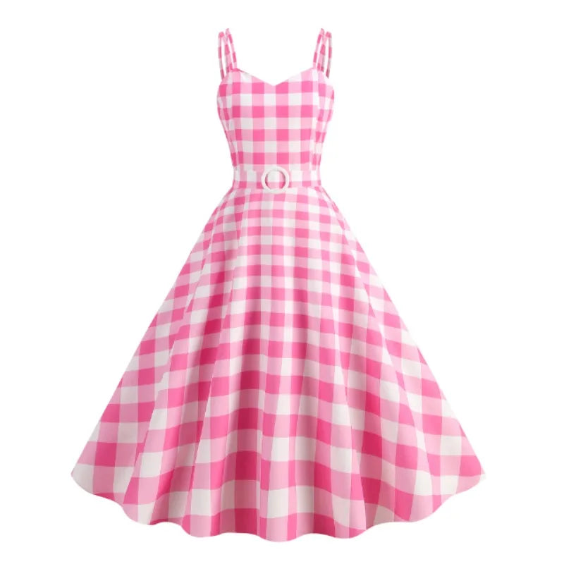 15753# Women's Vintage Pink Plaid Casual Summer Strapless Knee-Length A-Line V-Neck Belted Dress