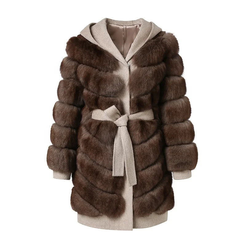 New Coming Wool and Real Fox Fur Coat Girls Winter Hooded Fox Fur Coat