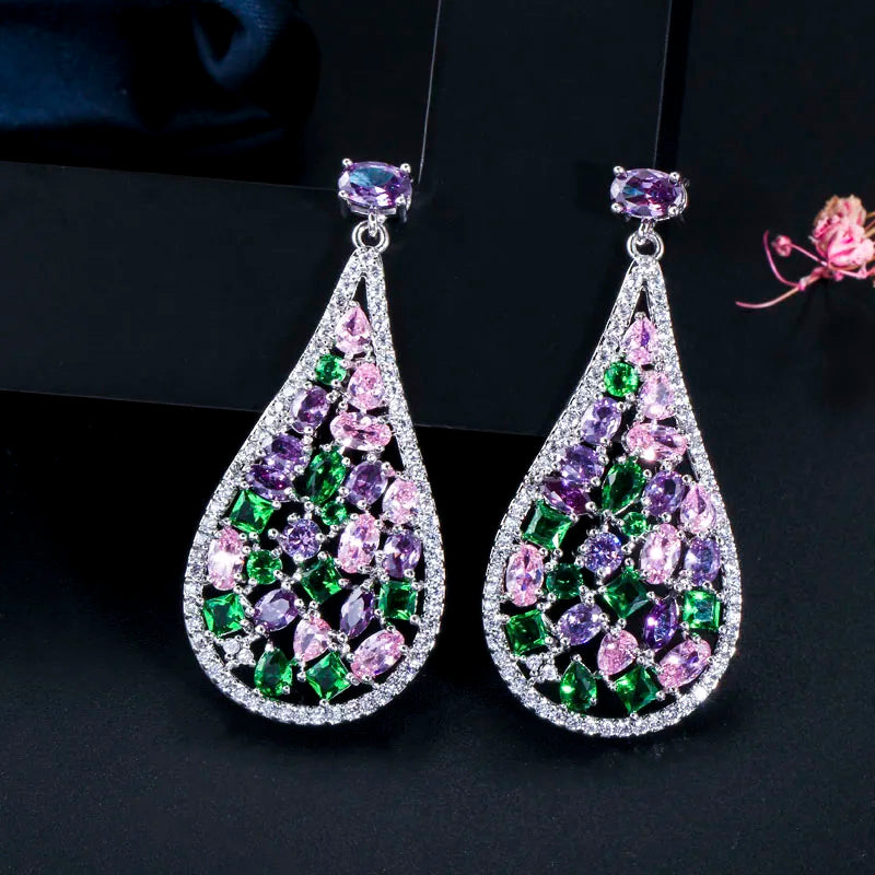 Multi Shape Colorful Cubic Zirconia Stone Round Drop Dangle Earrings for Women Luxury CZ Engagement Party Event Jewelry Gift
