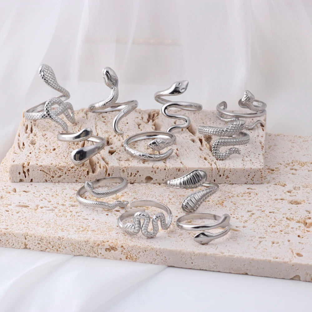 Stainless Steel Snake Jewelry Ring Women Adjustable Open Finger Ring No Fade Snake Round Ring Party Wedding Jewelry Gifts
