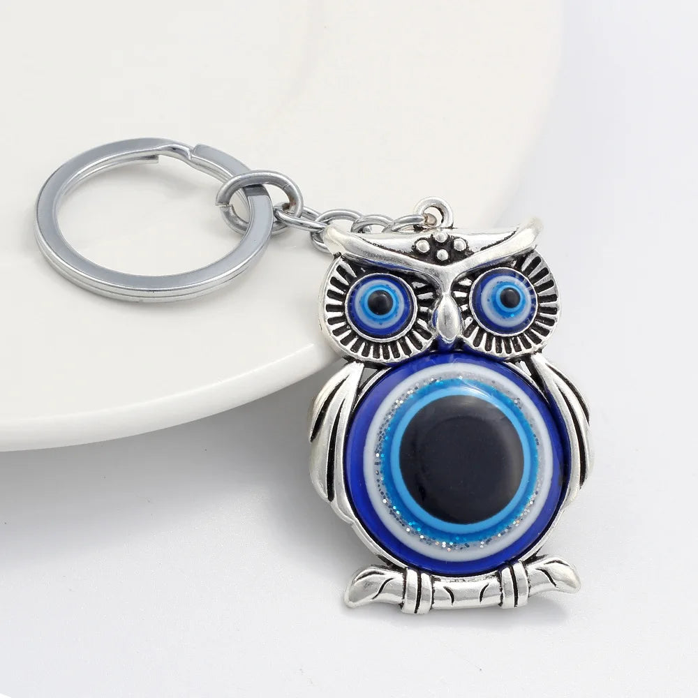 Vintage Style Charm Blue Lucky Turkish Evil Eye Metal Owl Keychain for Keys