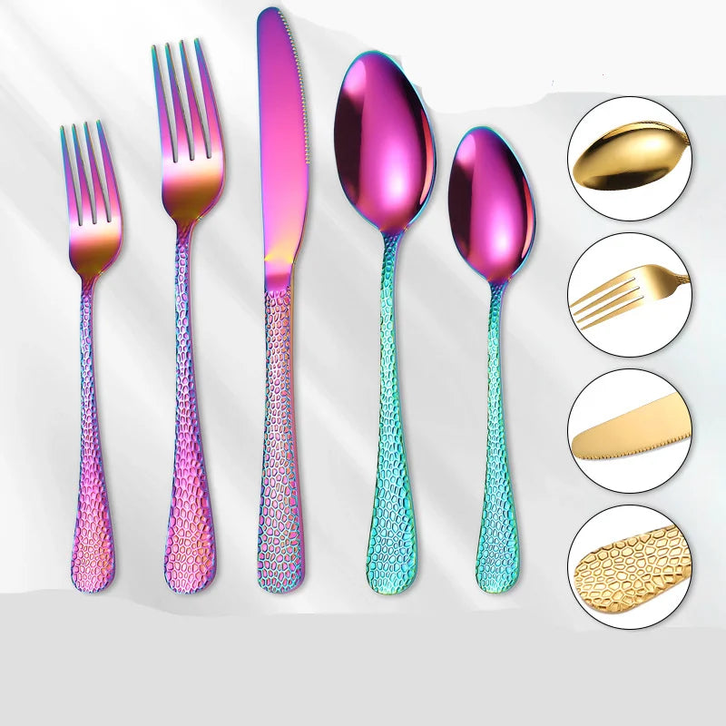 Snake Skin Handle Golden Flatware Set Knife Fork Set 5Pcs Stainless Steel Gold Cutlery Set for Wedding