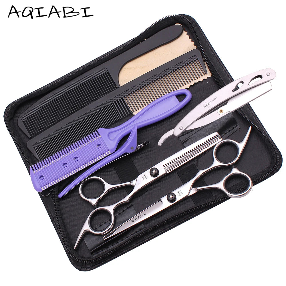 Hair Scissors Set AQIABI 6'' Stainless Steel Sharp High Hardness 56-58HRC Thinning Shears Styling Tool Barber Scissors A1001