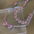Korean Trendy Clavicle Chain Zircon Necklace Sweet Pink Heart Crystal Rhinestone Pendant Necklace for Women