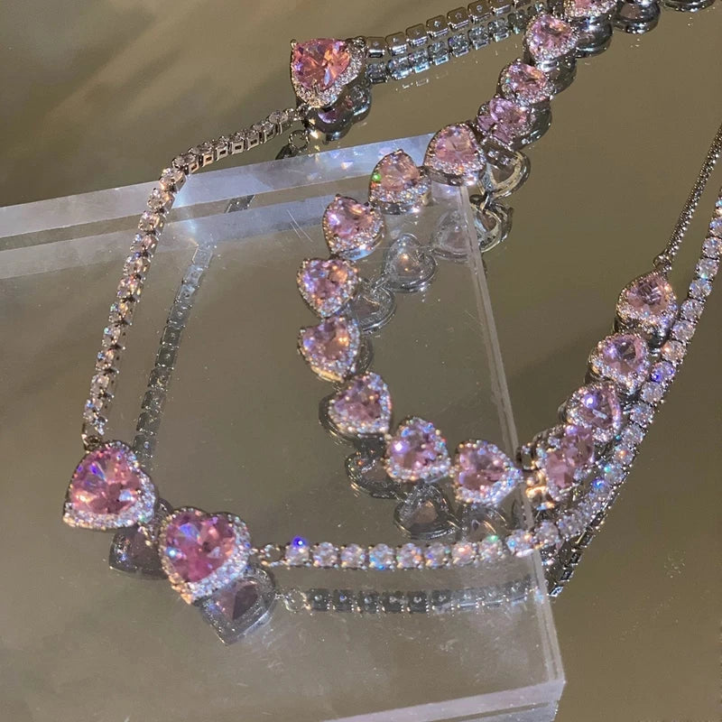 Korean Trendy Clavicle Chain Zircon Necklace Sweet Pink Heart Crystal Rhinestone Pendant Necklace for Women
