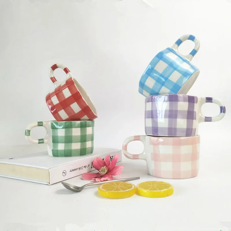 Korea Ins Irregular Hand Painted Lattice Ceramic Mug Creative Drinking Water Lotus Cup