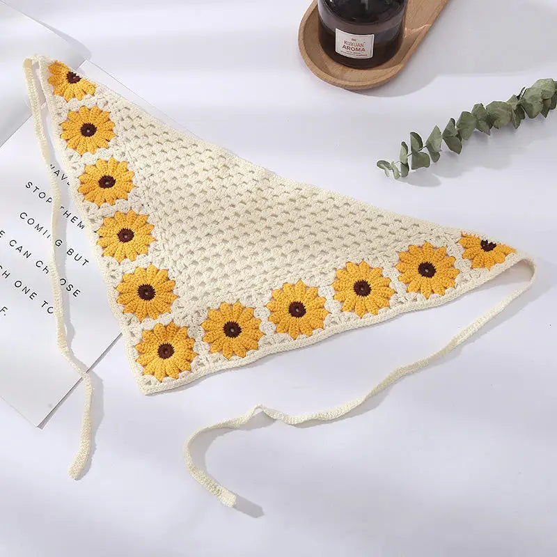Hot INS Women Spring Summer Hair Accessories Knit Handmade Hair Kerchief Daisy Sunflower Crochet Triangular Bandana Headband