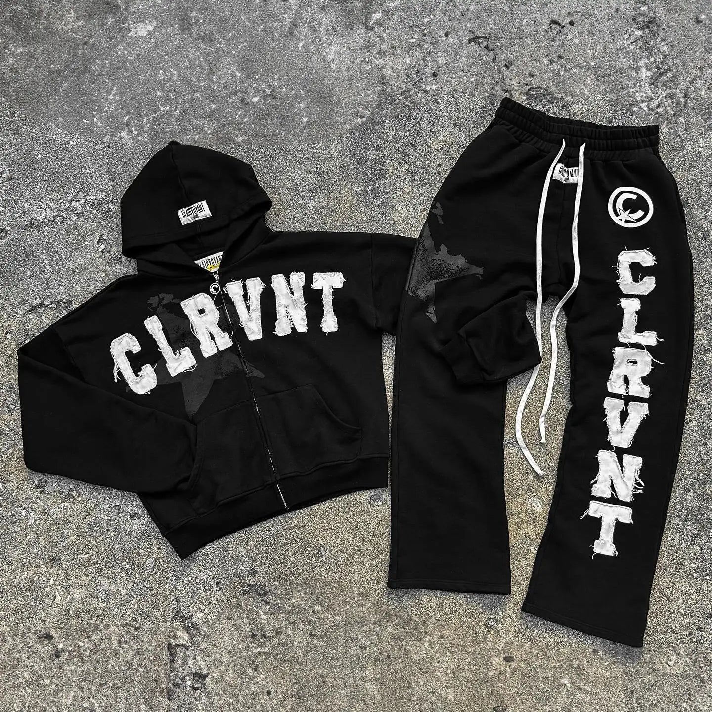 Custom Two Piece Sweatsuit Track Set Winter Distressing Embroidery Tracksuit Zip up Hoodie and Jacket Sets Men Manufacturer