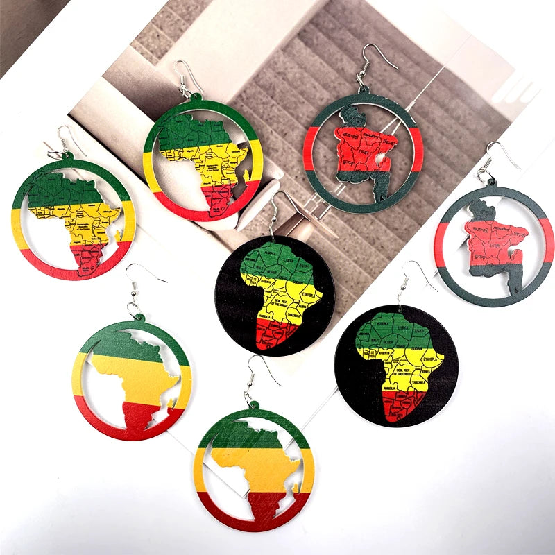 RisingMoon Hot Selling Jewelry Africa Map Outline Wood Earring African Colorful Printed Stripes Geometric Earrings