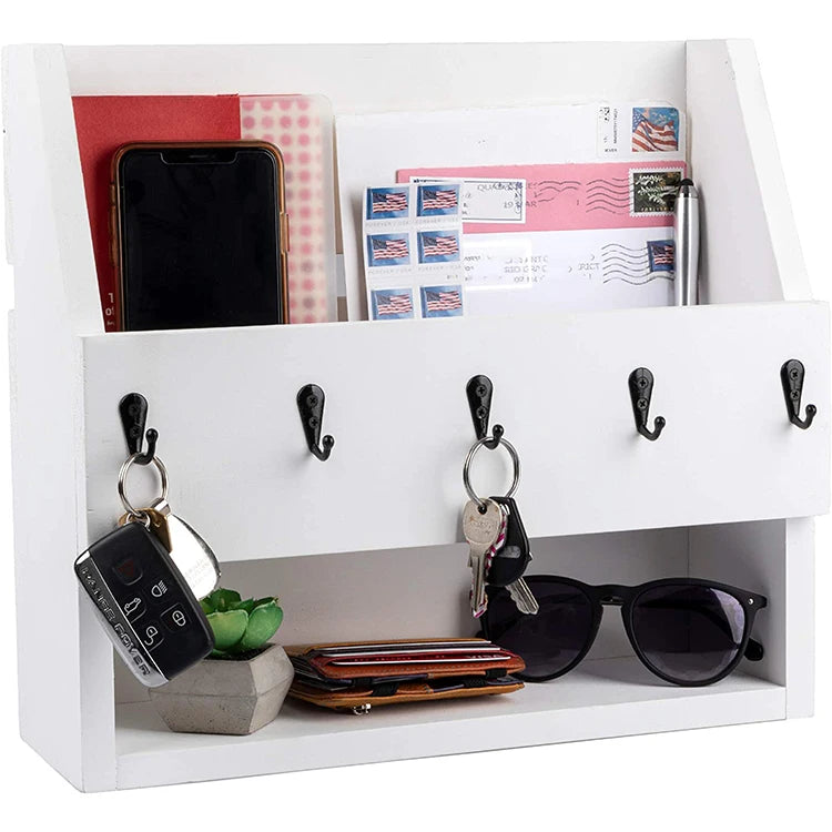 Wooden Key Organizer Wall Mount Mail Holder with Multifunction Storage Compartments for Wardrobe Bathroom Tools