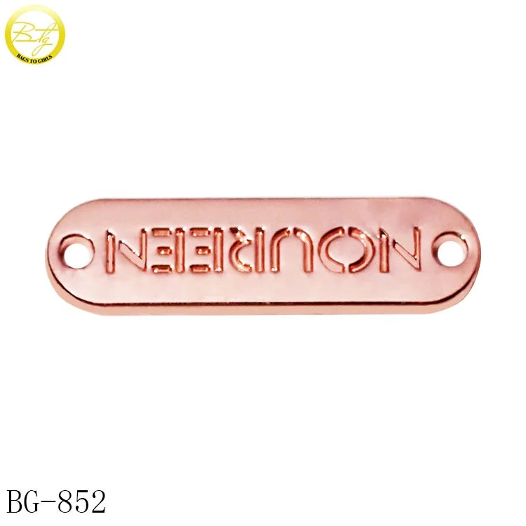 Custom Rose Gold Metal Tags Printed Garment Sewing Hardware with Stamped Name Alloy Logo Badge for Clothes