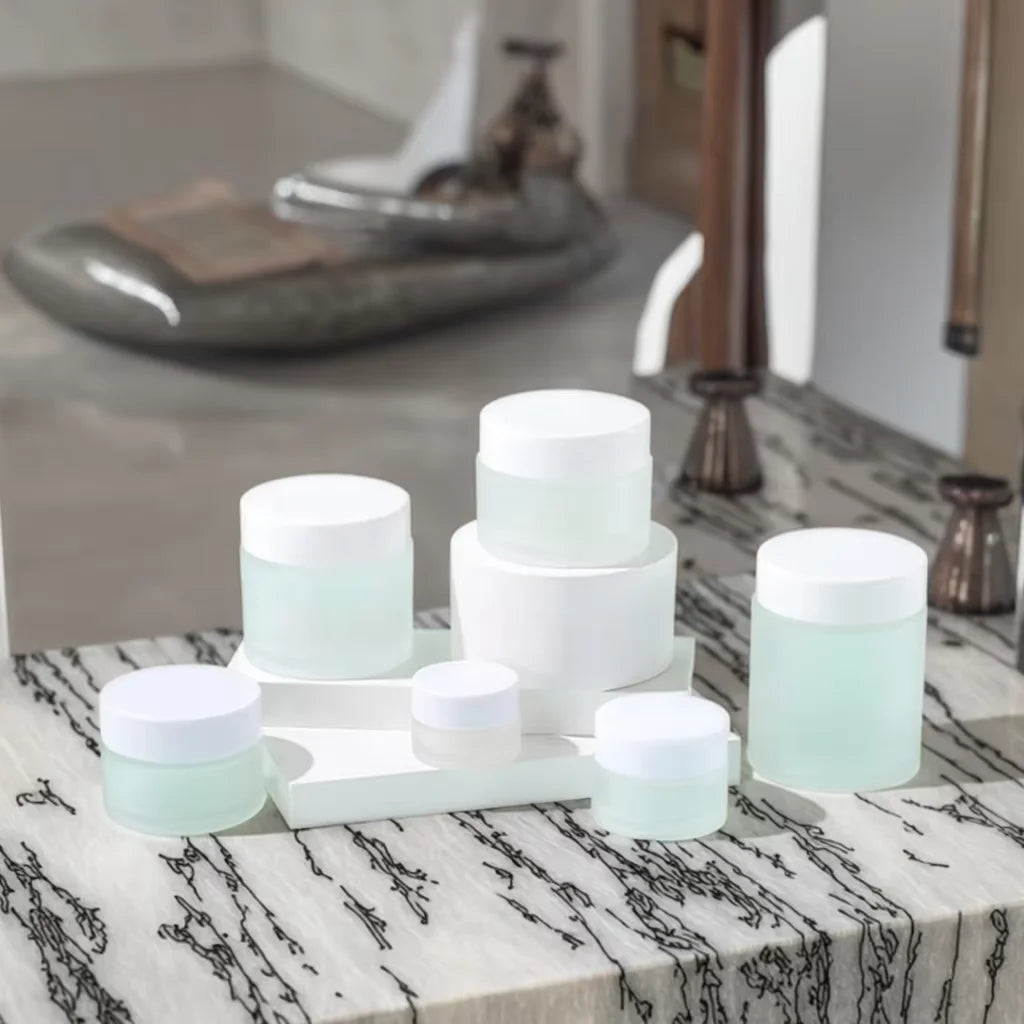 Cosmetic Cream Jars Frosted Glass 30g-20g Empty Packaging for Body Scrub Skin Care Serum Mascara with White Lids