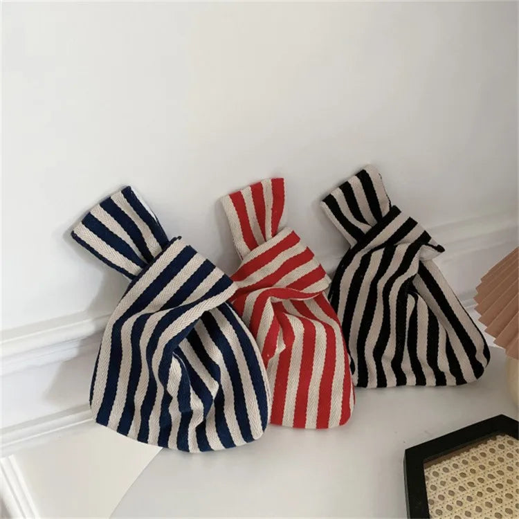 Women's Chic Designer Stripe Handbag Small Japanese Wrist Knot Bag with Open Closure Fashionable Canvas Handbag
