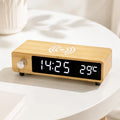 EMAF Bamboo Retro Knob Temperature Digital Wooden Alarm Electronic Wireless Charger Fast Wireless Charger Desk Table Clock