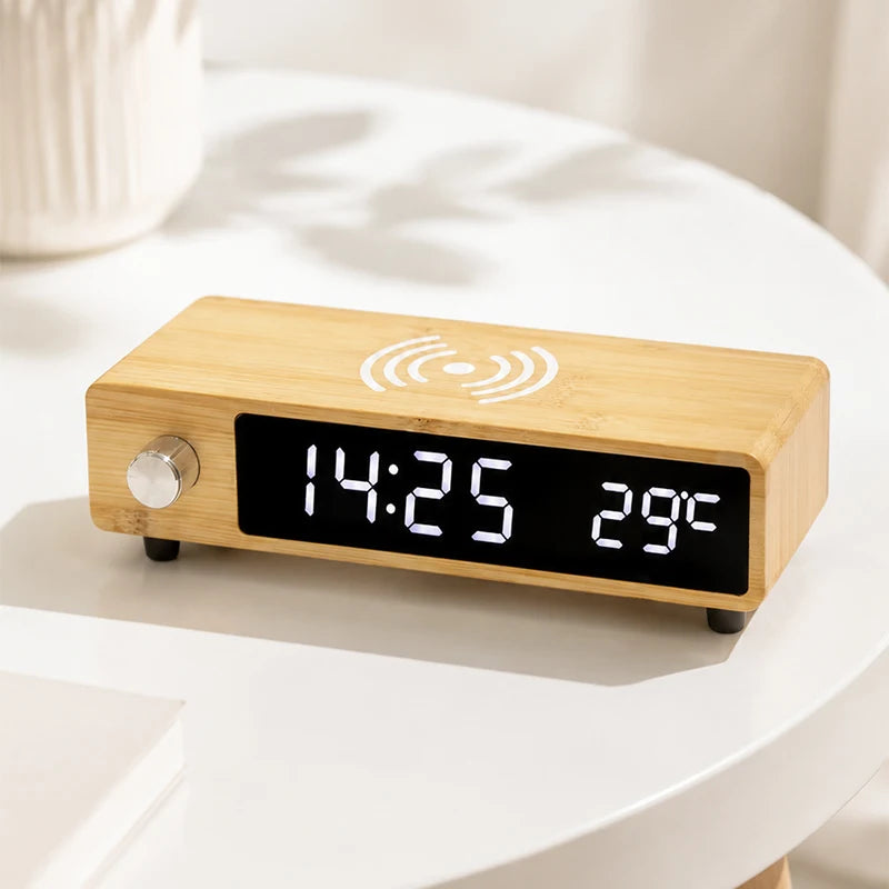 EMAF Bamboo Retro Knob Temperature Digital Wooden Alarm Electronic Wireless Charger Fast Wireless Charger Desk Table Clock
