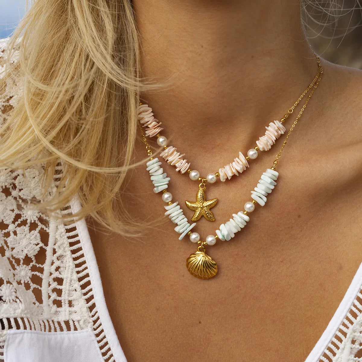 Rice Bead Chain 18K Gold Shell Sun Starfish Summer Beach Necklace  Pendant Irregular Mother of Pearl Necklaces