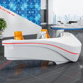 Customized Modern Fiberglass Reception Office Furniture Glossy V-Shaped Desk in White for Hotels and Gyms