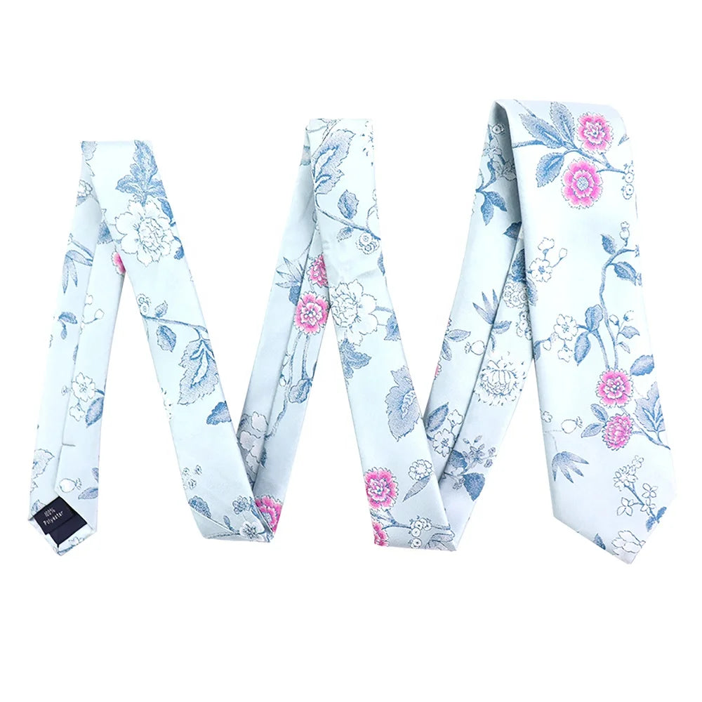 China Manufacturer Wholesale Necktie Slim Skinny Narrow Custom Dusty Blue Pink Men Floral Spring Microfiber Poly Woven Tie