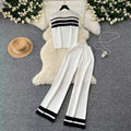 Fashion Suit Women's Summer Fashion Color Contrast Striped Knitted Top  High-waisted Casual Wide-leg Pants Two-piece Set