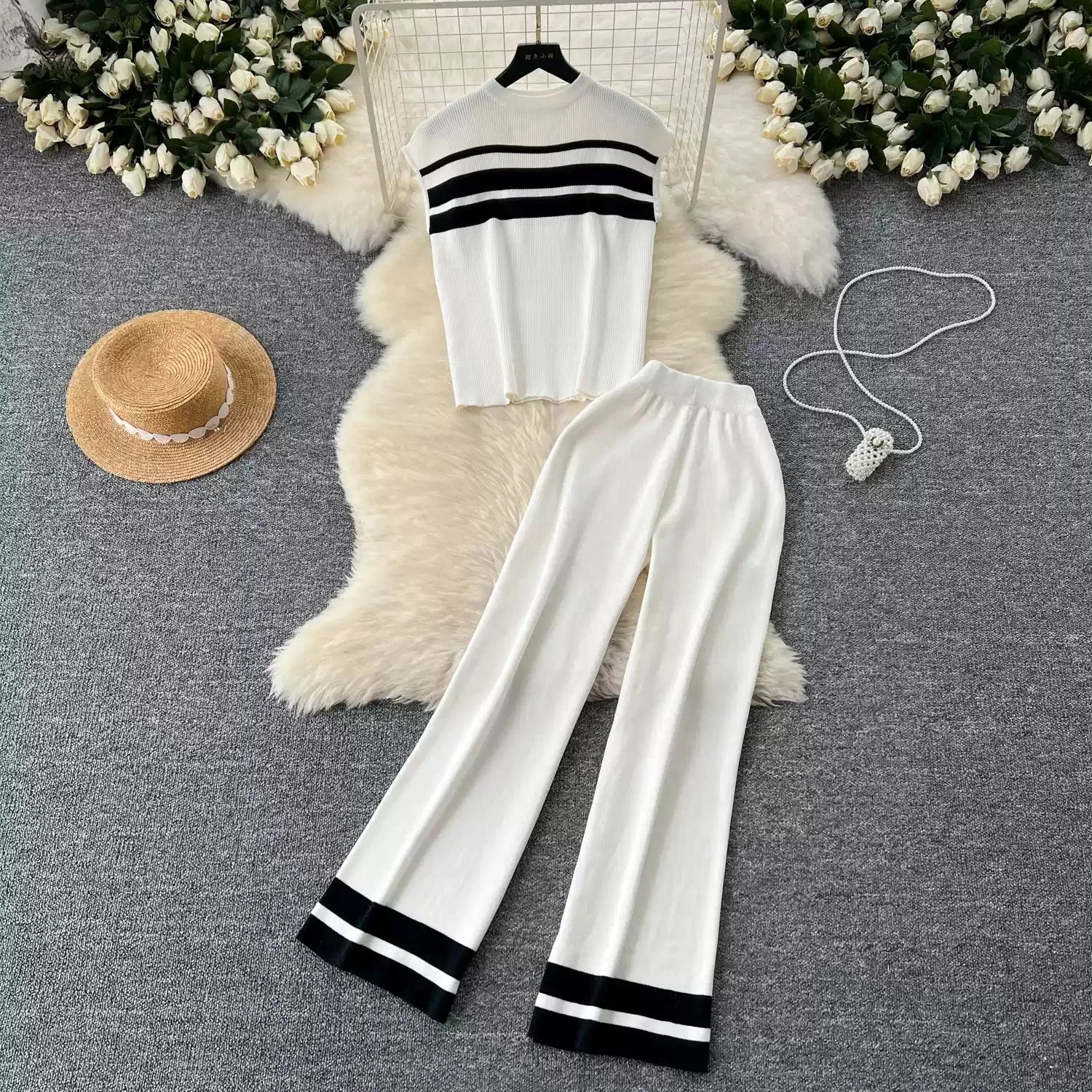 Fashion Suit Women's Summer Fashion Color Contrast Striped Knitted Top  High-waisted Casual Wide-leg Pants Two-piece Set
