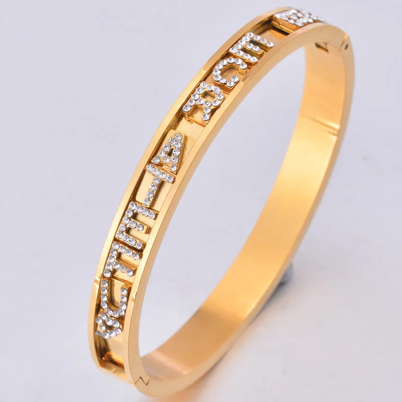 18k Gold Plated Letter Bangle Custom Name Bracelet Stainless Steel Bangle Crystal Rhinestone Slider Charm Bangle
