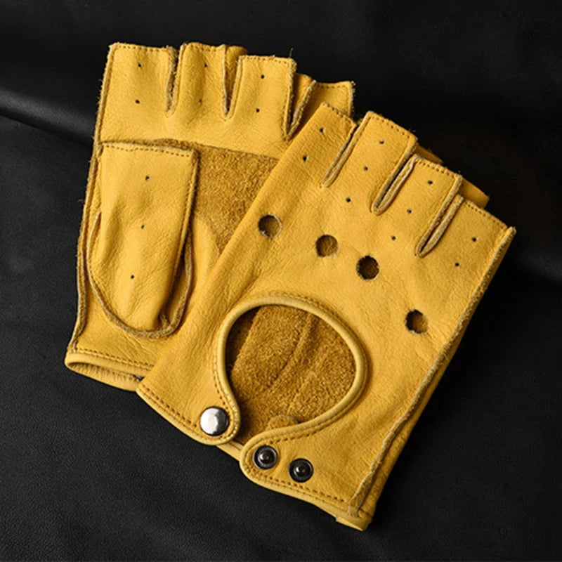 Fitness Men's Sheepskin Half Finger Gloves Black Yellow Coffee Riding Motorcycle Fingerless Comfortable Non Slip Leather Gloves