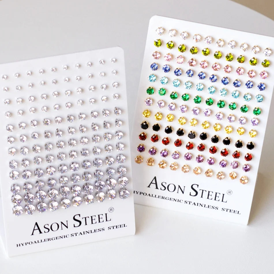 Cheap Factory Price Colorful Zircon Birth Stone Stainless Steel Earring Set Custom Display Card Stud Earring Jewelry