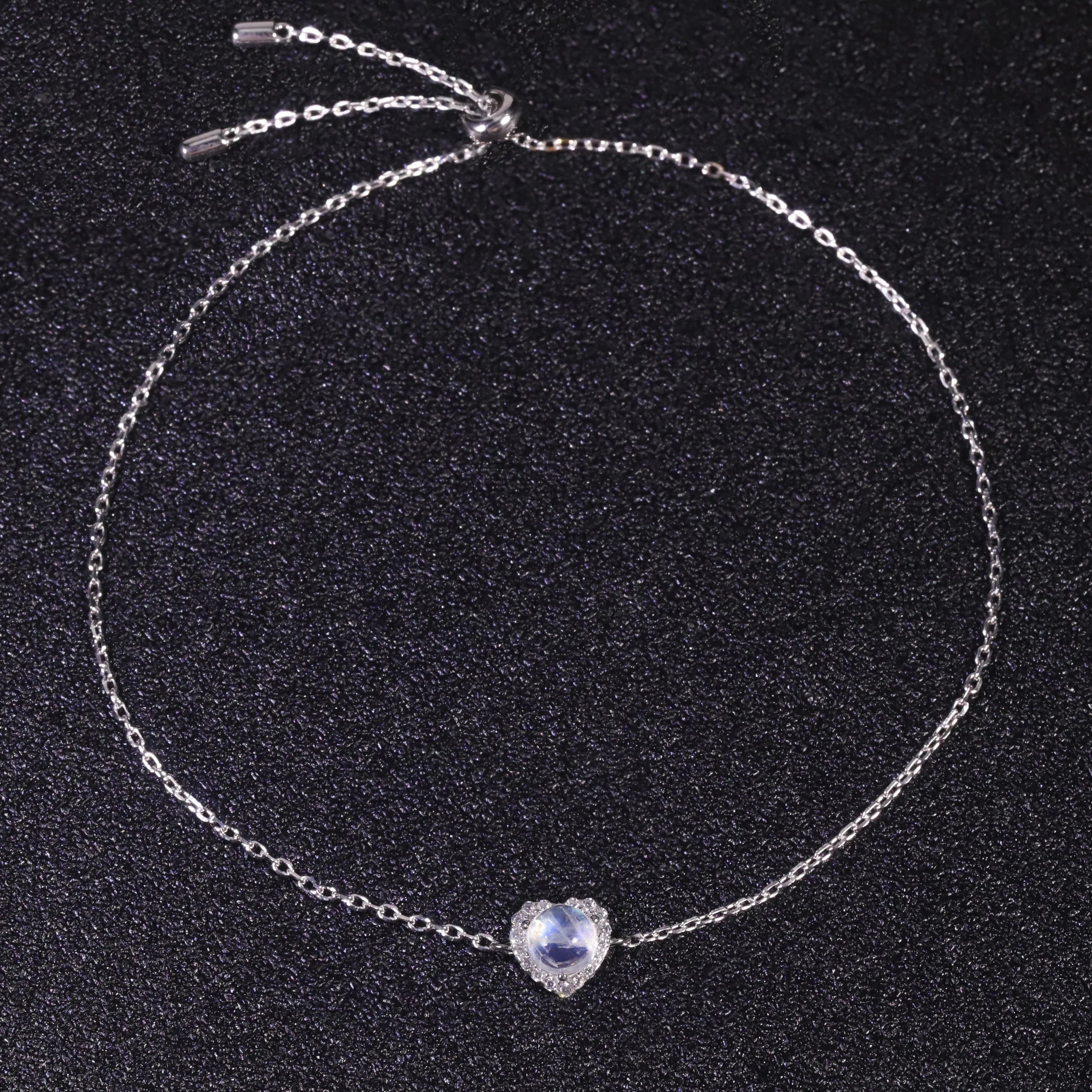 U48A Abiding Romantic Heart Charm Bracelet Cz Halo Round Milky Blue Moonstone 925 Sterling Silver Heart Girls Anklets Bracelet