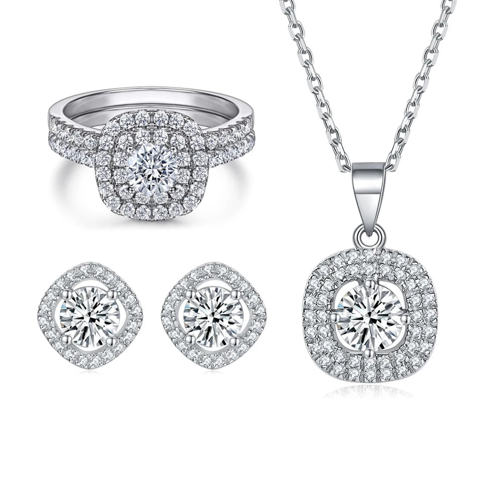 Square Round Center Stone Zircon 925 Sterling Silver Fine Women's Jewelry Set