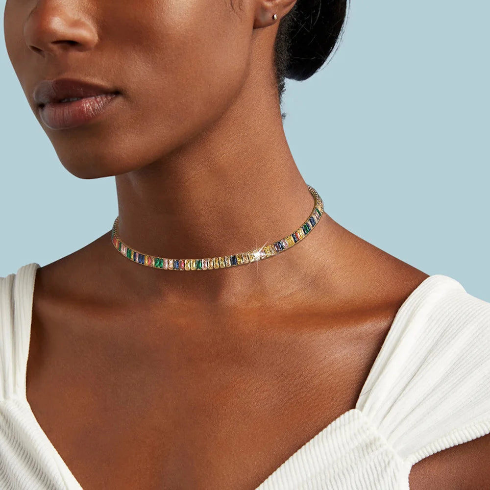 Collar De Cristal 18K Gold Plated Colorful Cubic Zircon Choker Necklace Geometric Multi Color Full Diamond Tennis Chain Necklace