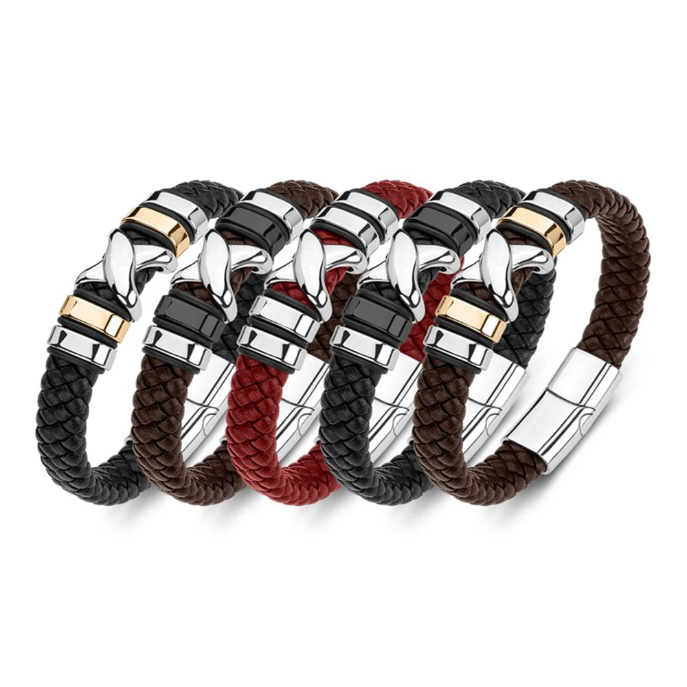 Stainless Steel Classic Black Leather Jewelry for Men Hand Jewelry Gift Handsome Business Bracelet with Metal Magnetic Clasp