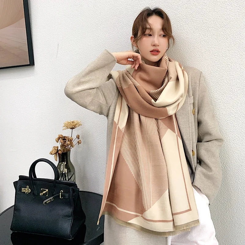 2025 New Korean-Style Geometric Scarf for Women Thickened Winter Warmer Neck Warmer Shawl Versatile Tropical for Students