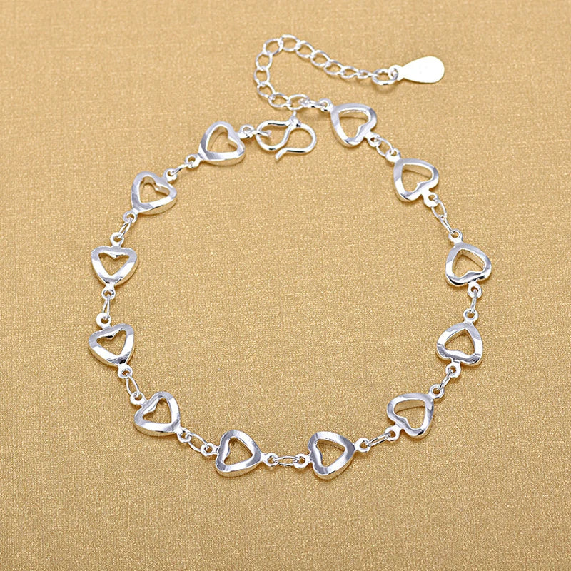 Elegant Sterling Silver 925 Linked Heart Shape Charm Bracelets for Women Wholesale Jewelry