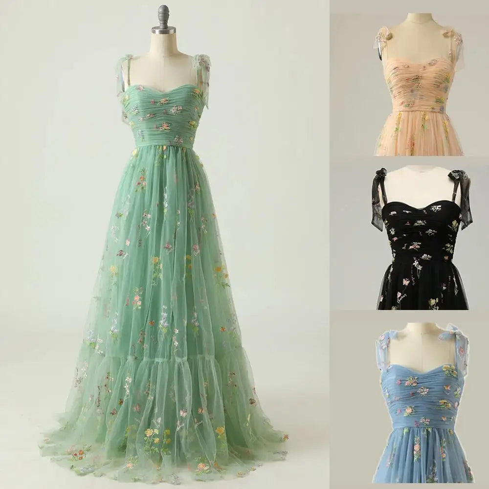 Floral Embroidery Tulle Quinceanera Dresses Satin Cap Sleeve Tea-Length Formal Party Gown with Natural Waistline Prom Dress